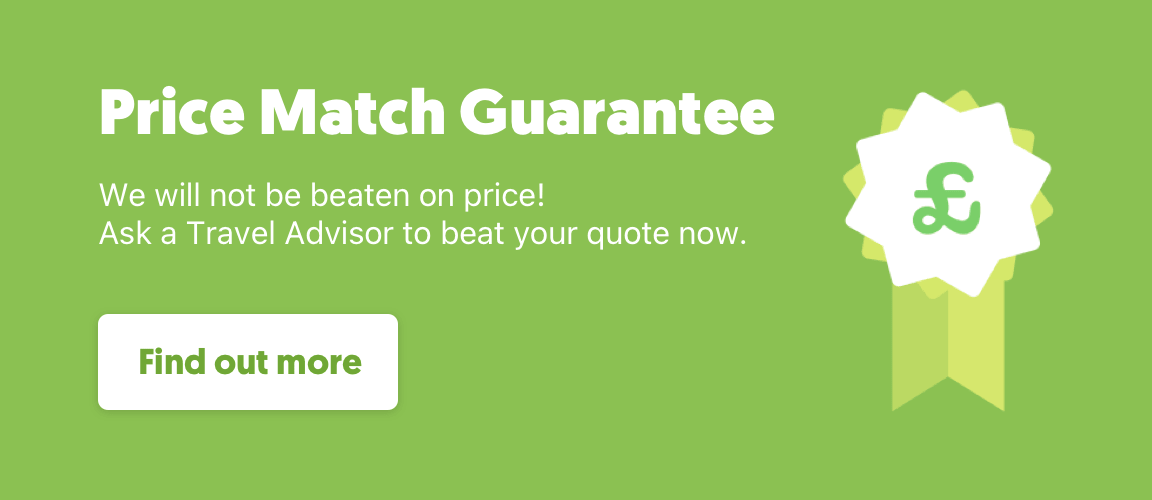There is an icon on the left side of this image that shows an award ribbon. There is text on the right that reads "Price match guarantee: We will not be beaten on price! Ask a travel advisor to beat your quote now.".